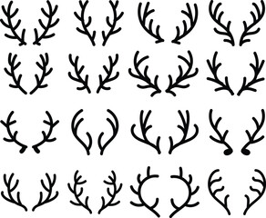 Black deer antlers vector set, stag horns silhouette icons collection