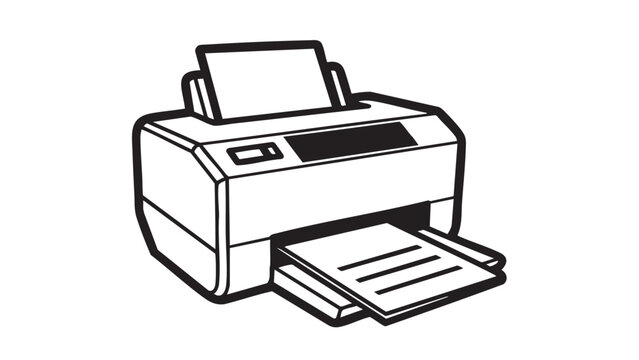 A simple line drawing of a printer with its paper tray open on a white background