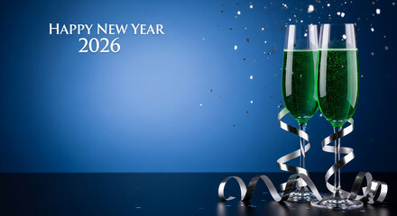 Two glasses with green liquid, ribbons and confetti, with Happy New Year 2026 text, representing celebration, festive mood and joyful event