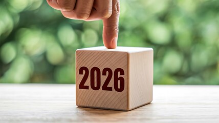 Hand changing wooden blocks from 2025 to 2026 on red table with warm festive bokeh lights

