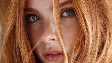 A woman with long red hair and clear green eyes looks at the camera. Her freckles are visible on her face and the light enhances her features. Hair flows around her face.