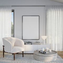 Modern Living Room Poster Frame Mockup with Natural Light and Minimalist Decoration. 3D render.