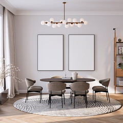 Modern Living Room Poster Frame Mockup with Natural Light and Minimalist Decoration. 3D render.