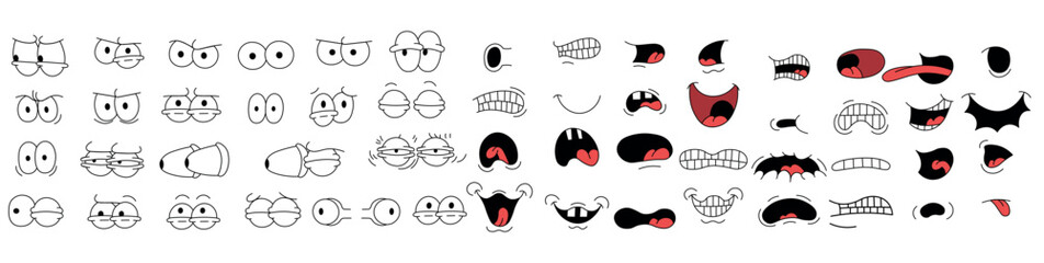 Retro cartoon emotions. Cartoon faces. Emotional face, funny eyes and mouth, different facial expressions: good and evil, happy and sad. Vector set, hand-drawn, clear black outline.