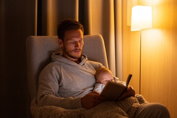 Dad reads a parenting book while holding his baby in a warm, softly lit living room