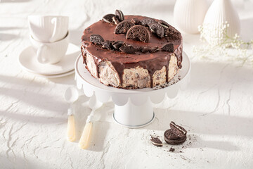 Tasty cheesecake made of cheese and chocolate.