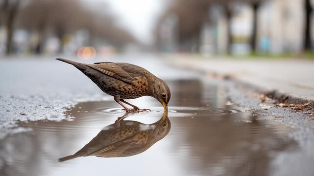 Thirsty female blackbird, turdus merula, taking a sip from a puddle on an urban road. Lovely reflection of the wild avian in the water