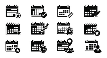 Various calendar icons with different symbols a black silhouette