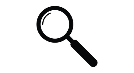 A simple black magnifying glass icon shown in a striking silhouette