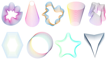 Vibrant Geometric Line Art Shapes Collection Featuring Gradient Spirals, Abstract Waves, Optical Illusion Forms, 3D Wireframe Designs, Modern Fluid Geometry Elements for Trendy Graphic Design art.