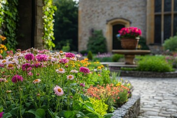 Fototapeta premium Colorful blooming flower bed in stone courtyard garden with historic building backdrop in soft natural daylight landscape photography style