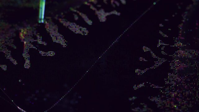 Pixel glow. Screen error. Yellow dark black color noise vibration fluid explode splash purple lines pattern on art abstract bokeh background.