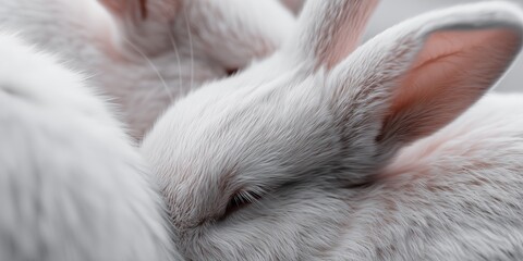 Obraz premium macro shot captures the soft texture of white rabbit fur and pink ears as the animals cuddle together in a display of tenderness and warmth.