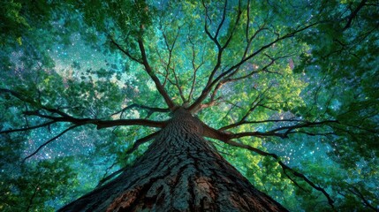 A tall tree viewed from below. The branches extend widely against a backdrop of twinkling stars and a colorful sky at night. The tree stands in a dense forest.