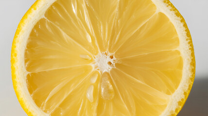 Vibrant close up macro view reveals the juicy, textured pulp and bright yellow segments of a fresh citrus lemon slice
