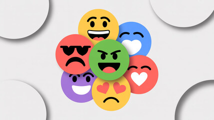 Vibrant collection of diverse emotional reaction emojis clustered together representing modern communication and social media feelings
