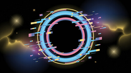 Dynamic futuristic neon ring glows with vibrant glitch effect against a dark cosmic background perfect for digital media