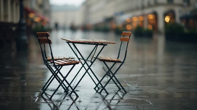 During a Parisian downpour, a deserted outdoor cafe table and chairs sit drenched in the rain. The wet pavement is adorned with falling raindrops, setting a somber atmosphere in the scene