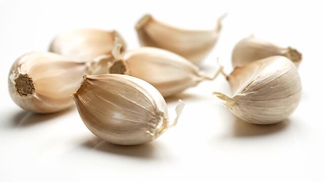 Macro view of multiple raw garlic cloves spinning around. This nutritious and vibrant vegetable adds a burst of flavor to dishes and is perfect for enhancing the taste of meals