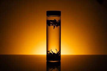 Clear glass silhouette of a cold wine and water drink with transparent liquid and reflection, isolated on a white background in a bar