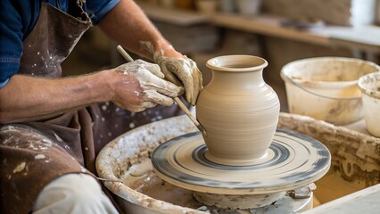 Close-up of artisan hands shaping a ceramic pot on a pottery wheel in a traditional workshop environment with clay tools