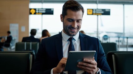 Caucasian businessman sitting at the airport waiting for his flight. Male professional using a digital tablet while sitting in the lounge