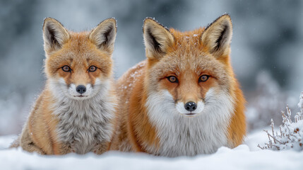 Fototapeta premium Red fox pair in snowy wilderness - wildlife, nature, animals, snow, winter, frost, cold, mammals, forest