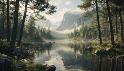 Mountain lake forest sunrise