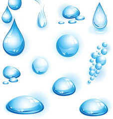 Collection of Blue Water Drops and Bubbles liquid