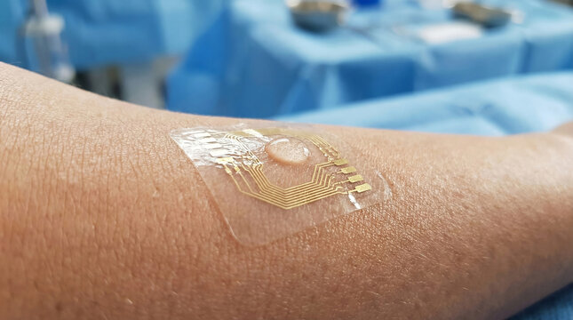 Macro view of a translucent flexible biosensor patch with thin-film micro-circuitry applied to human skin for real-time health monitoring and bio-data collection