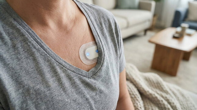Close up of a discreet medical-grade wearable cardiac monitor patch on a person&rsquo;s chest for continuous heart rate and EKG tracking