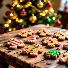 Obraz premium Decorated gingerbread cookies shaped like men and trees lie on a wooden table against blurred lights.