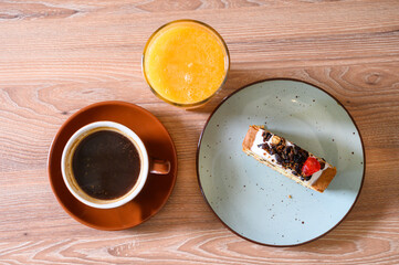 Morning coffee cake and orange juice breakfast