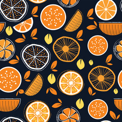 Seamless pattern of stylized oranges and leaves on dark blue
