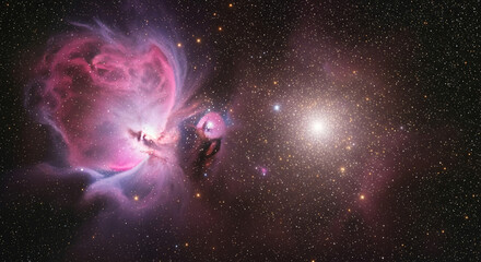Image of a distant nebula and cluster of stars, displaying cosmic light and celestial phenomenon, representing exploration, space and scientific discovery