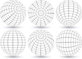 Six Wireframe Globes with Grid Lines on White Background