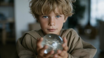 A child holding a floating AR orb projected from a wearable device, swirling data streams reflecting in their eyes — interactive tech future, playful digital learning, and immersive augmented