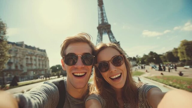Smiling couple takes cheerful selfie in front of the Eiffel Tower on a sunny day in Paris, capturing a moment of joy and travel adventure