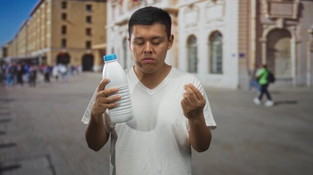 Young hispanic man wearing white t shirt holding a plastic bottle and making pinched fingers gesture on street in front of historic building; curiosity asking question.