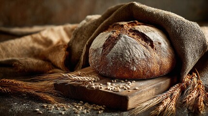 Traditional whole wheat sourdough bread on wood with burlap.