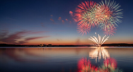 Vivid fireworks burst above a still body of water, reflecting the colorful light, symbolizing celebration, event, and festive mood against dusky sky