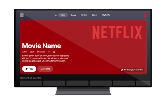 Netflix TV UI Mockup showing home screen with featured content, trending rows, categories, search, profile, play controls, and refined streaming interface vector illustration