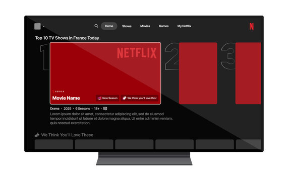 Netflix TV UI Mockup showing home screen with content rows, movie series thumbnails, navigation menu, search, play controls, and modern streaming interface vector illustration