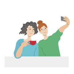 Portrait of two girls in a cafe taking a selfie on a phone, flat vector image isolated on white background, coffee break, relaxation