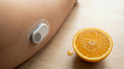 Continuous glucose monitor (CGM) patch on arm with healthy fruit, diabetes care concept