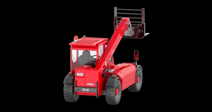 Red telescopic handler forklift rotation animation seamlessly loopable. 3D rendering isolated on transparent background