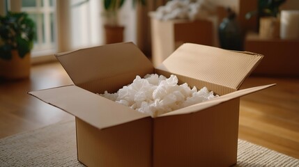 An open cardboard box on a wooden floor with packing peanuts spilling out as someone prepares to unwrap a protected item — unboxing anticipation, product safety, and packaging materials concept.