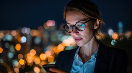 A woman looks at her smartphone during the night with bright city lights visible in the background. She is focused and wearing glasses with business clothing.