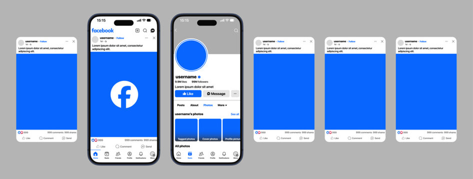 Facebook layout showing post feed, profile, like, follow, message, search, comment, share, reels, friends, notifications, menu with carousel post panels in detailed modern interface vector illustratio