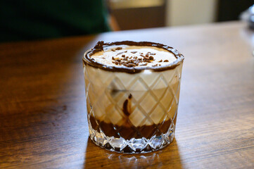 Coffee chocolate cream drink in patterned glass